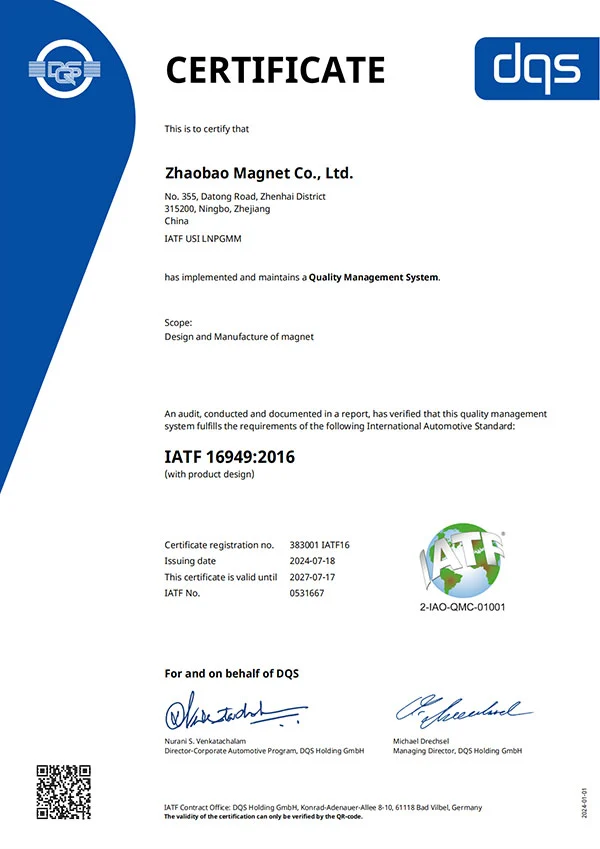 Zhaobao Magnet Group ISO 9001 quality management system certification